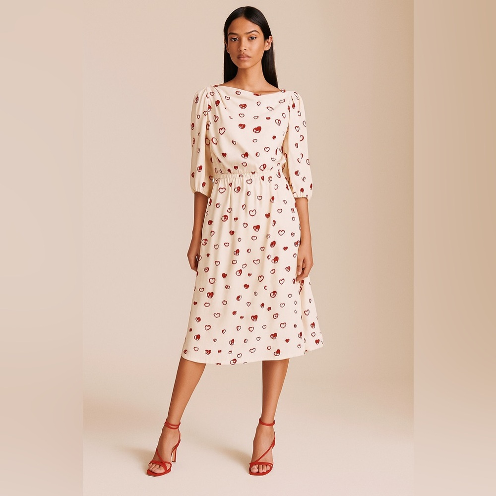 NWT ❤️ Halston Heritage Cream Midi Dress with Red Heart Print